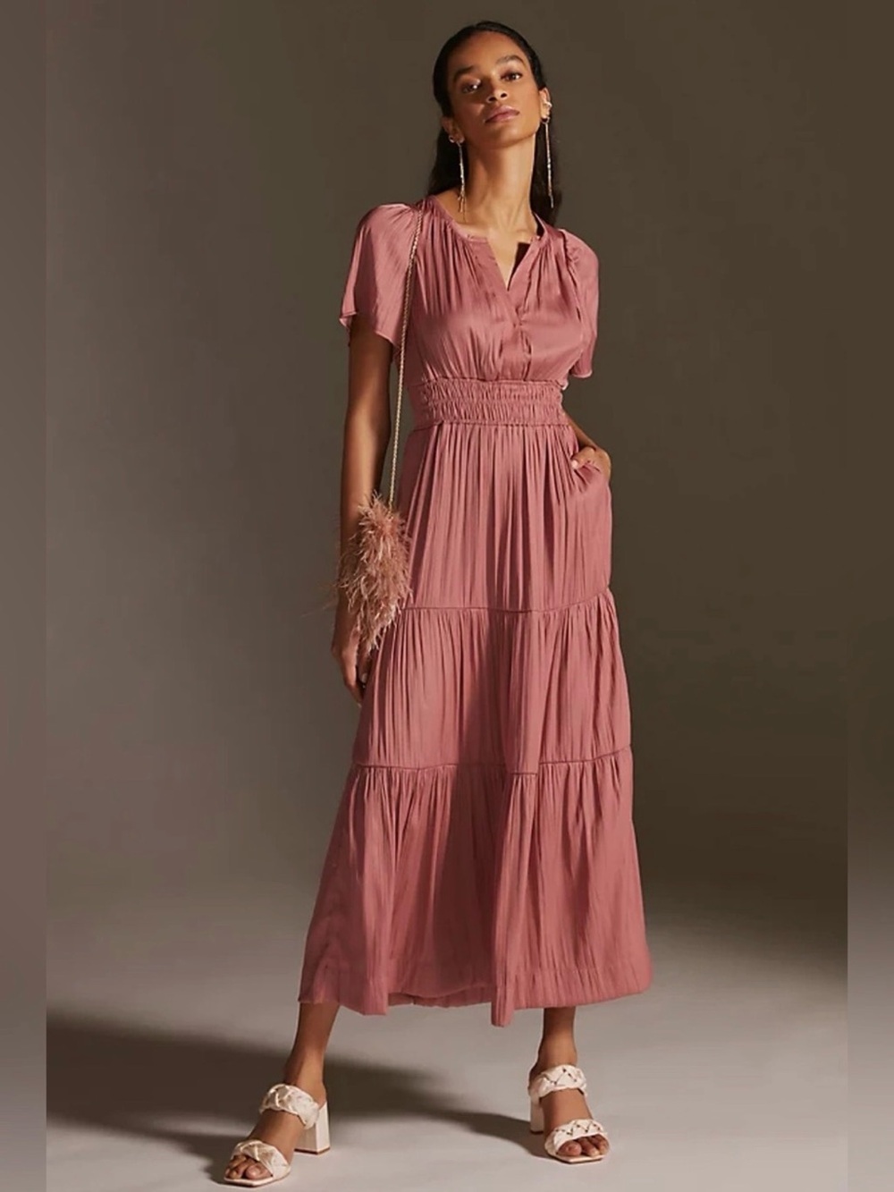 Anthropologie Mauve Tiered V-Neck Maxi Dress, XS